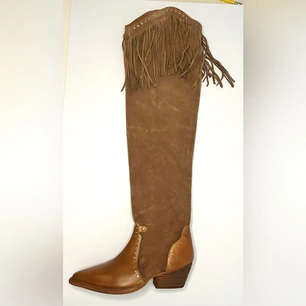 Free People Wayne Fringe Suede Over The‎ Knee Leather Western Boots Brown 6 NIB